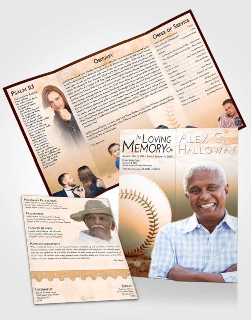 Obituary Funeral Template Gatefold Memorial Brochure Soft Dusk Baseball Victory