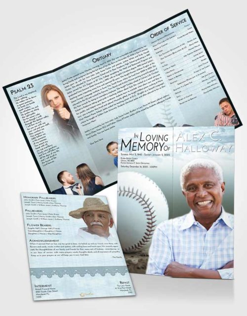 Obituary Funeral Template Gatefold Memorial Brochure Soft Emerald Love Baseball Victory