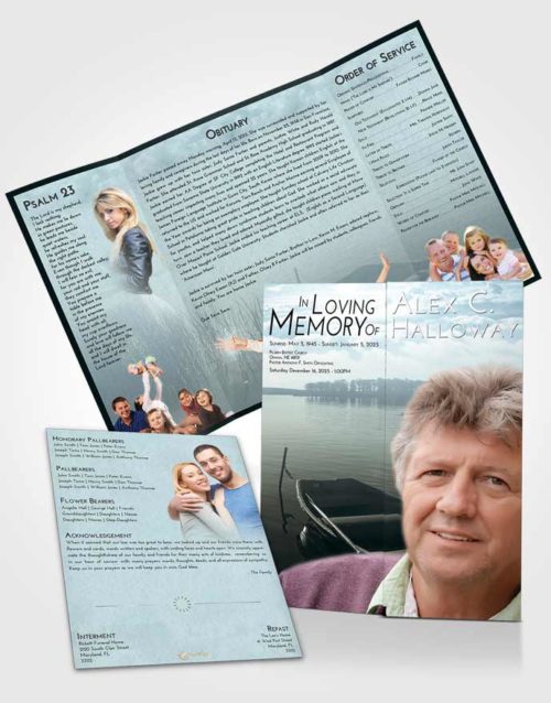 Obituary Funeral Template Gatefold Memorial Brochure Soft Emerald Love Fishing Boat