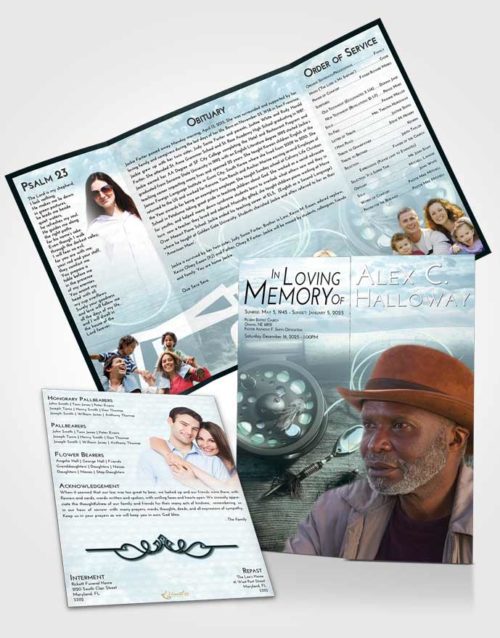 Obituary Funeral Template Gatefold Memorial Brochure Soft Emerald Love Fishing Pride