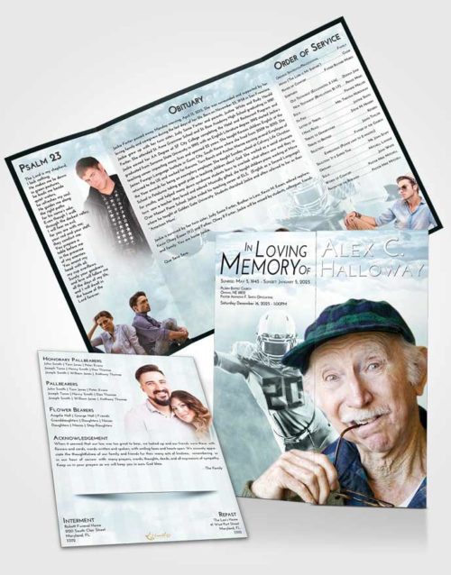 Obituary Funeral Template Gatefold Memorial Brochure Soft Emerald Love Football Honor