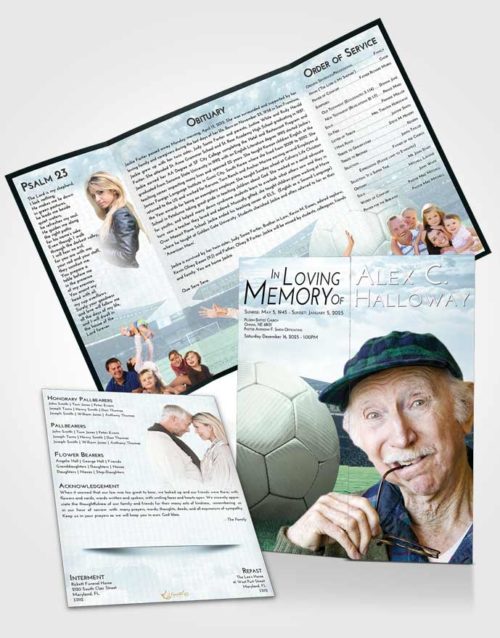 Obituary Funeral Template Gatefold Memorial Brochure Soft Emerald Soccer Love