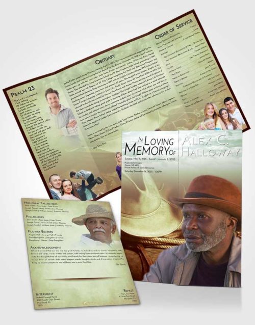 Obituary Funeral Template Gatefold Memorial Brochure Strawberry Mist Cowboy Serenity
