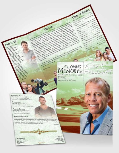 Obituary Funeral Template Gatefold Memorial Brochure Strawberry Mist Golfing Sandtrap