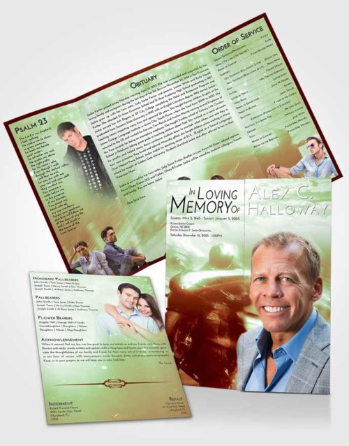 Obituary Funeral Template Gatefold Memorial Brochure Strawberry Mist Motorcycle Speed