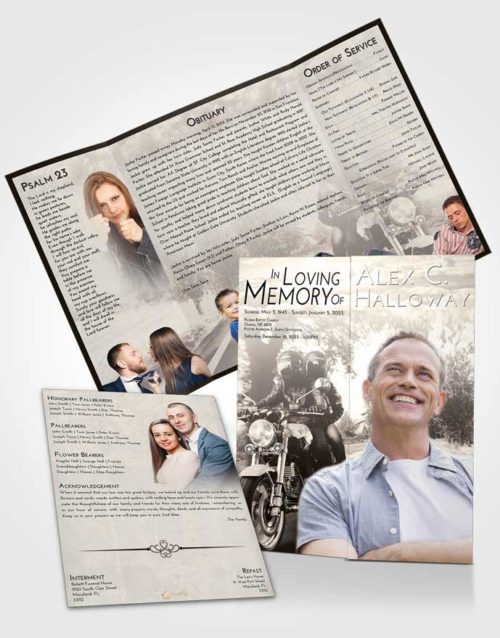 Obituary Funeral Template Gatefold Memorial Brochure Tranquil Motorcycle Days