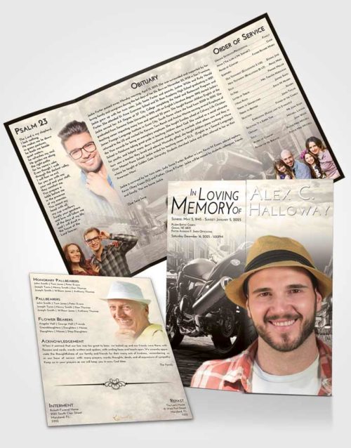 Obituary Funeral Template Gatefold Memorial Brochure Tranquil Motorcycle Dreams